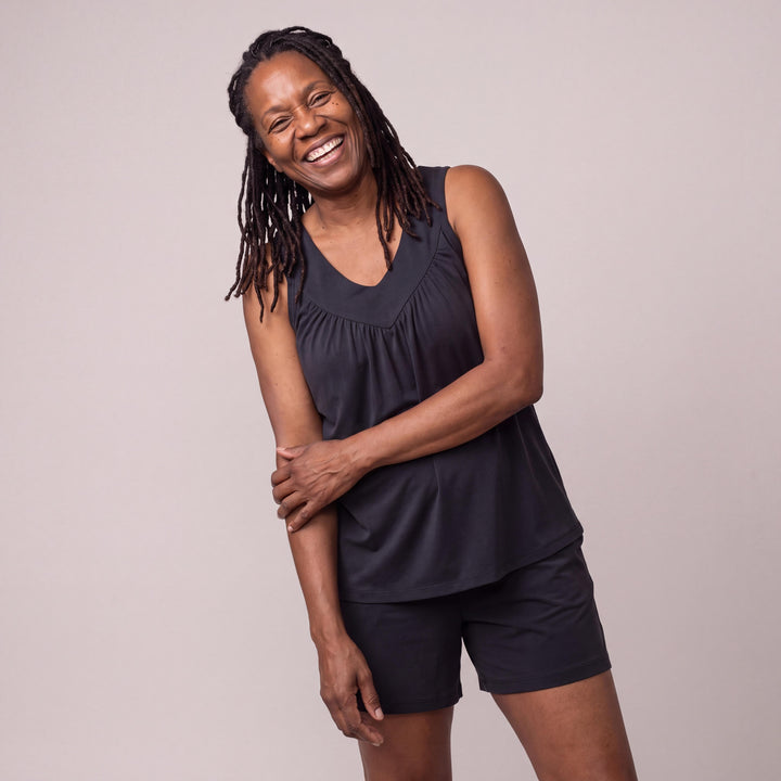 Black Cool-jams DayBasics Gathered Tank Top for women, easy everyday sleepwear