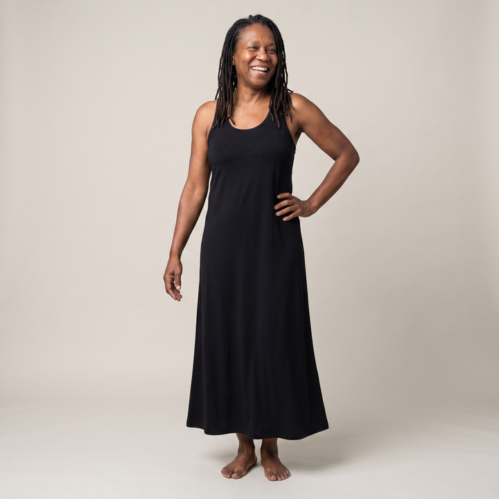 Black Cool-jams DayBasics Long Racerback Tank Gown with Built-In Shelf Bra for women, soft everyday sleepwear