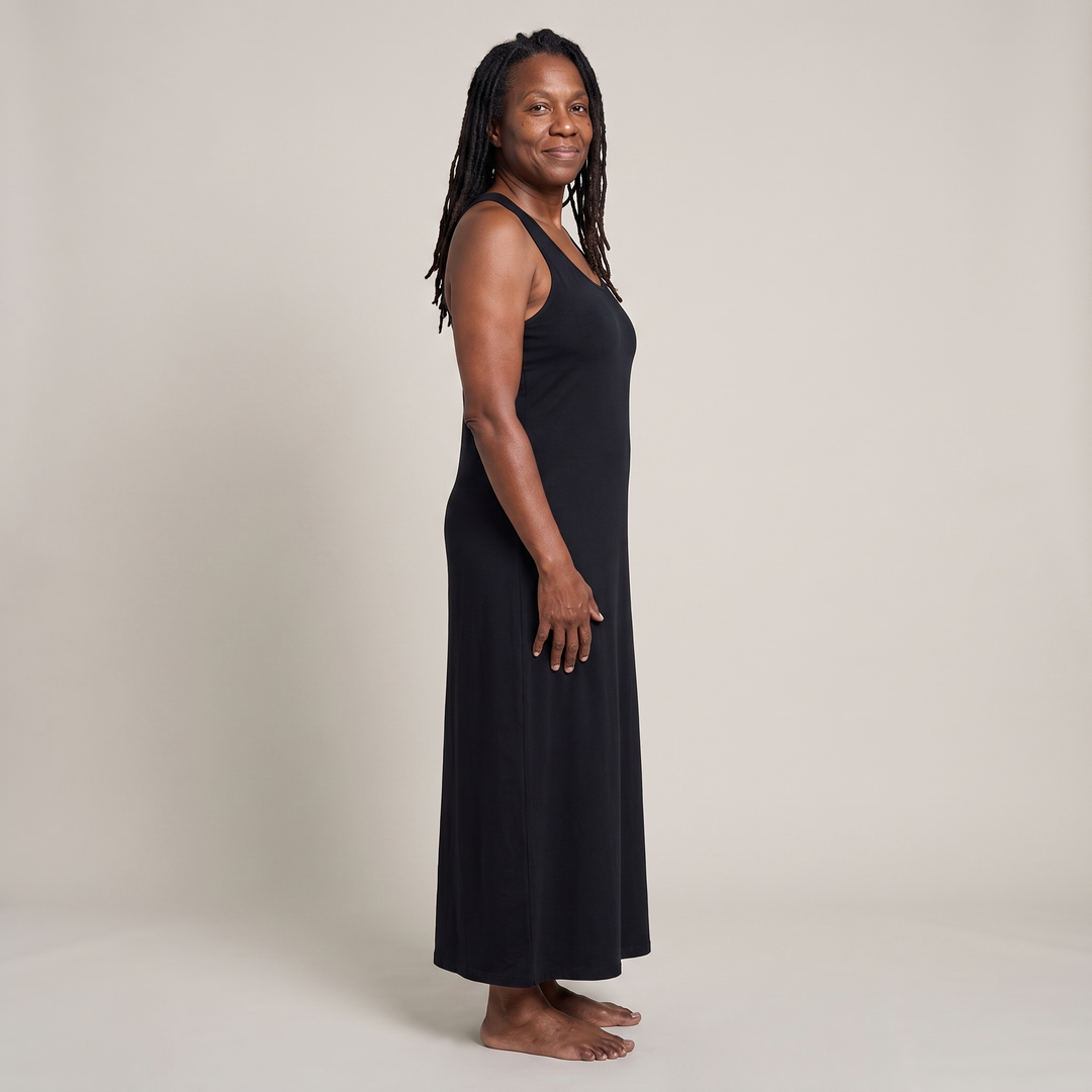 Black Cool-jams DayBasics Long Racerback Tank Gown with Built-In Shelf Bra for women, side view, lightweight DayBasics fabric