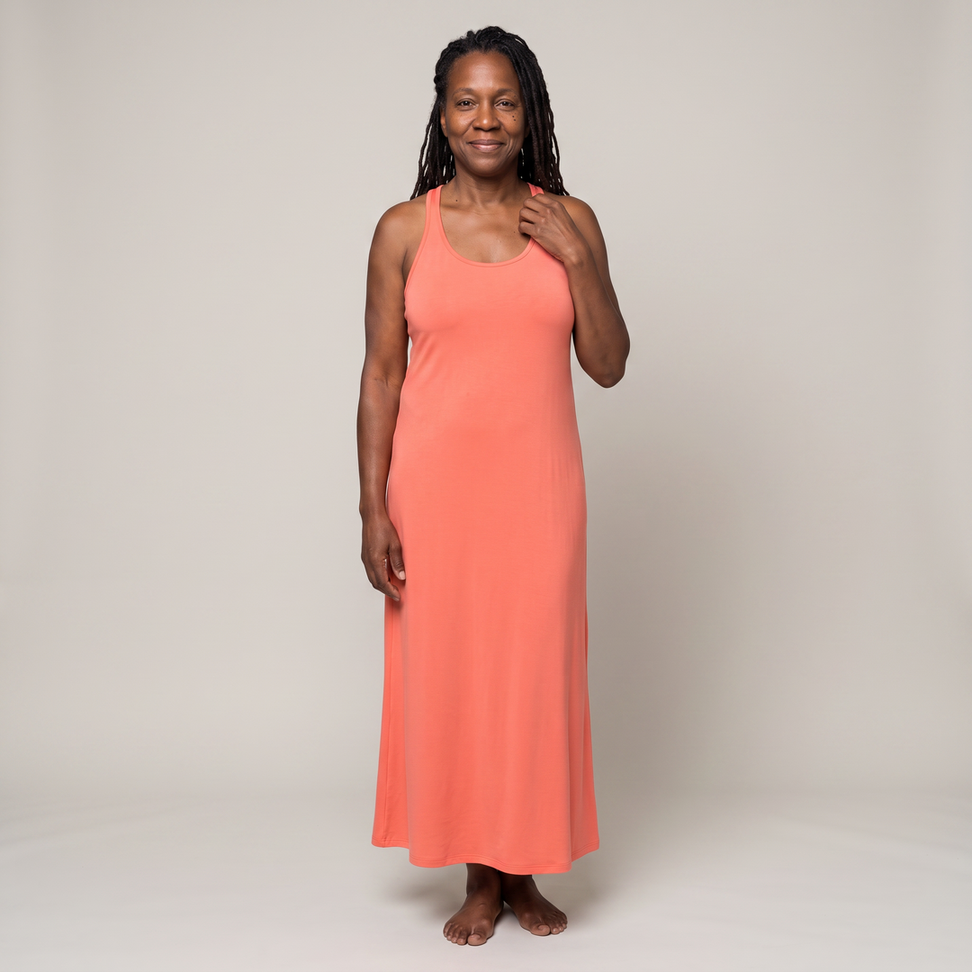 Coral Cool-jams DayBasics Long Racerback Tank Gown with Built-In Shelf Bra for women, comfortable everyday sleepwear
