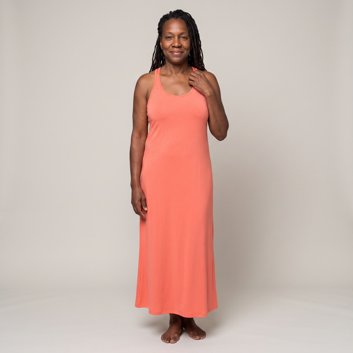 Coral Cool-jams DayBasics Long Racerback Tank Gown with Built-In Shelf Bra for women, comfortable everyday sleepwear