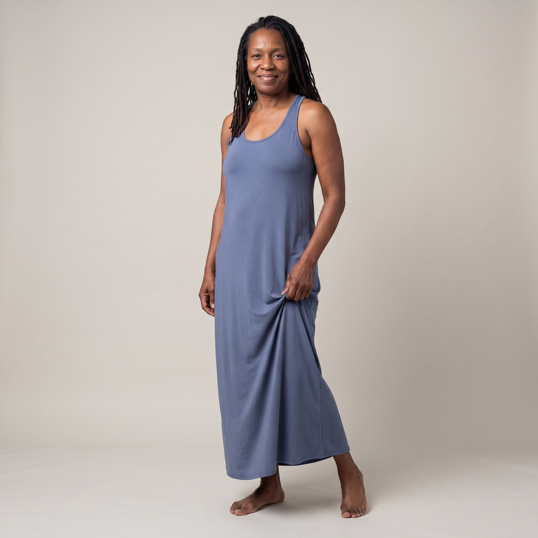 Dusk Blue Cool-jams DayBasics Long Racerback Tank Gown with Built-In Shelf Bra for women, soft everyday sleepwear
