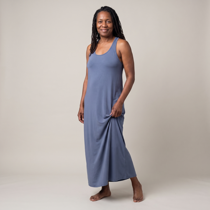 Dusk Blue Cool-jams DayBasics Long Racerback Tank Gown with Built-In Shelf Bra for women, soft everyday sleepwear