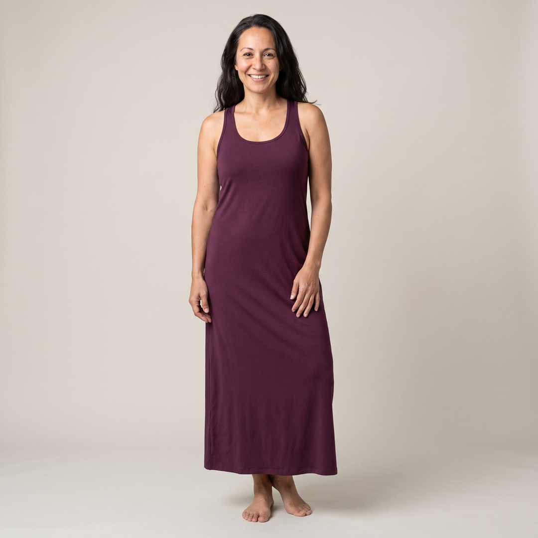Merlot Cool-jams DayBasics Long Racerback Tank Gown with Built-In Shelf Bra for women, versatile lounge and sleepwear