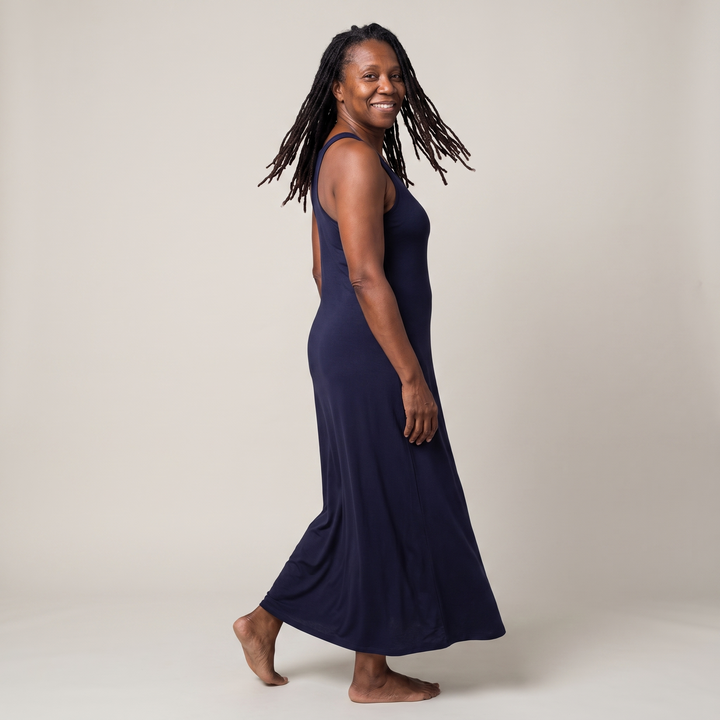 Navy Cool-jams DayBasics Long Racerback Tank Gown with Built-In Shelf Bra for women, comfortable everyday sleepwear