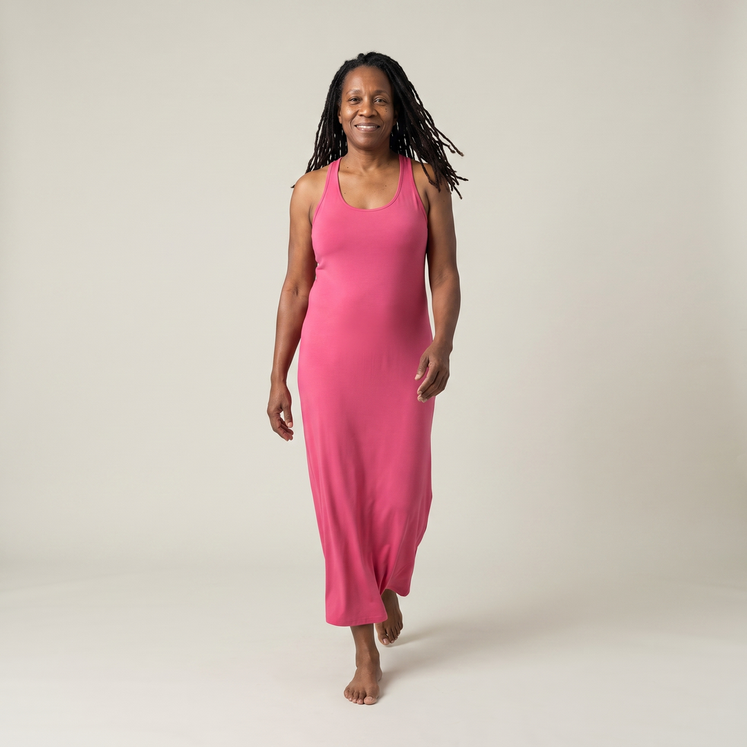 Pink Rose Cool-jams DayBasics Long Racerback Tank Gown with Built-In Shelf Bra for women, shown walking, versatile lounge and sleepwear