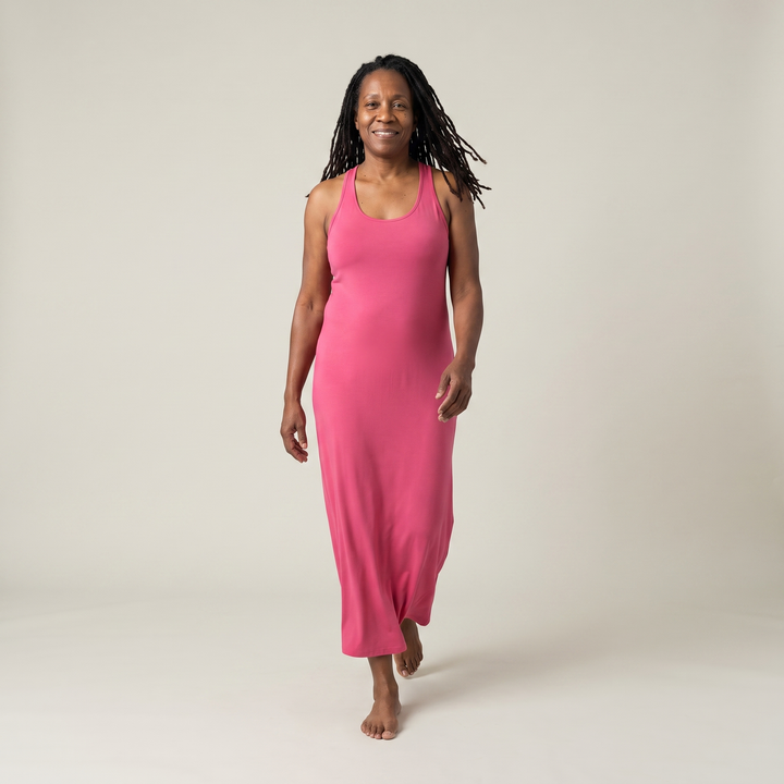 Pink Rose Cool-jams DayBasics Long Racerback Tank Gown with Built-In Shelf Bra for women, shown walking, versatile lounge and sleepwear
