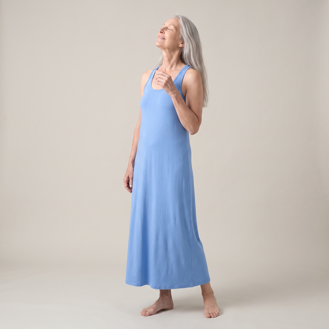 Sky Blue Cool-jams DayBasics Long Racerback Tank Gown with Built-In Shelf Bra for women, versatile lounge and sleepwear