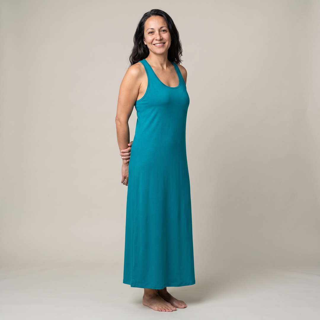 Turq Sea Cool-jams DayBasics Long Racerback Tank Gown with Built-In Shelf Bra for women, back view, comfortable everyday sleepwear