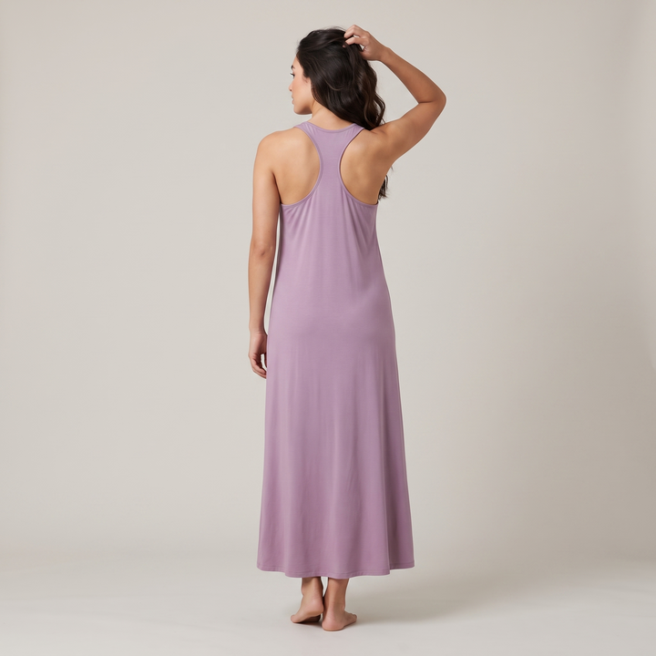 Violet Cool-jams DayBasics Long Racerback Tank Gown with Built-In Shelf Bra for women, back view, soft everyday sleepwear