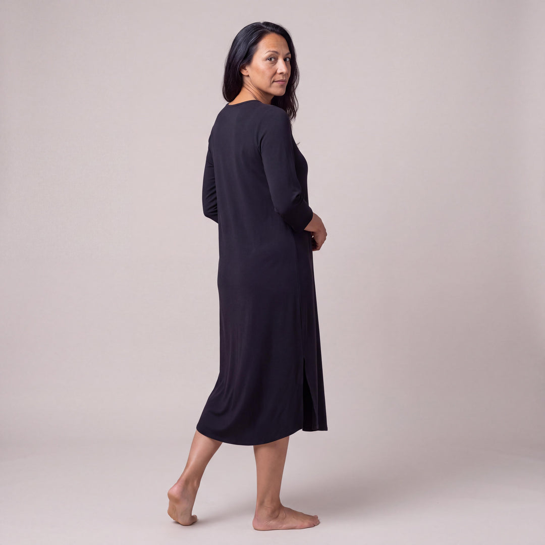 Black Cool-jams DayBasics Long Scoop Neck Nightgown with 3/4 Sleeves for women, soft everyday comfort