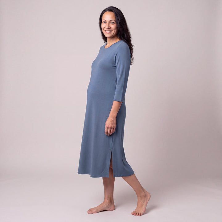 Dusk Blue Cool-jams DayBasics Long Scoop Neck Nightgown with 3/4 Sleeves for women, soft, breathable sleepwear for women
