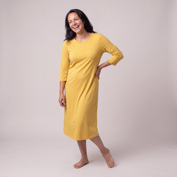 Lemon Cool-jams DayBasics Long Scoop Neck Nightgown with 3/4 Sleeves for women, soft, breathable sleepwear for women
