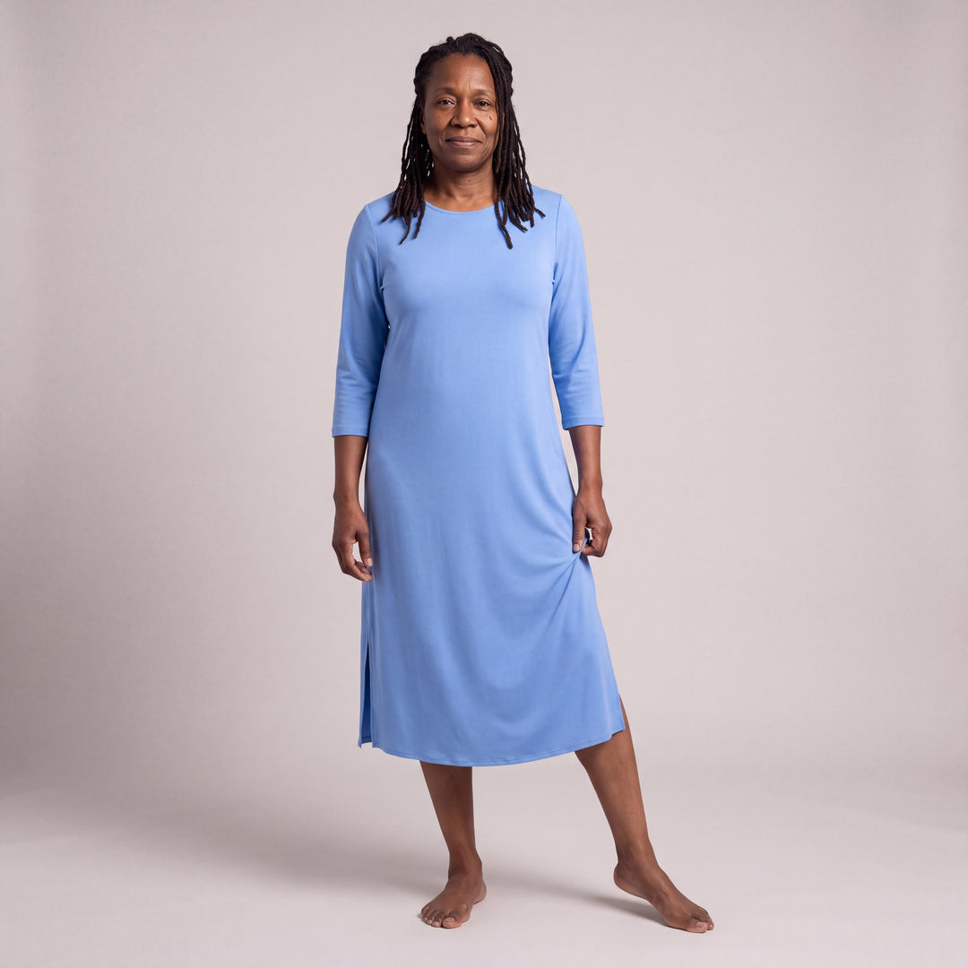 Sky Blue Cool-jams DayBasics Long Scoop Neck Nightgown with 3/4 Sleeves for women, soft, breathable sleepwear for women