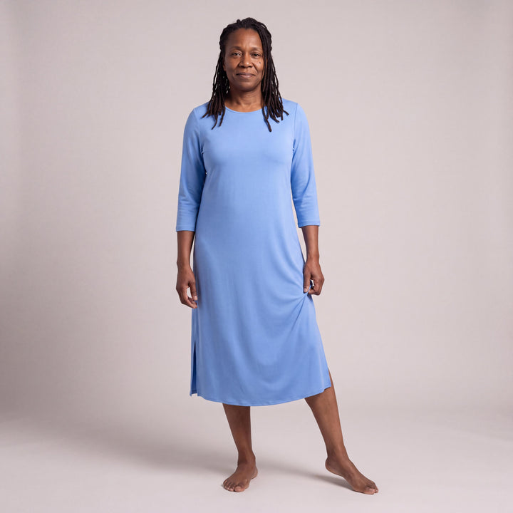 Sky Blue Cool-jams DayBasics Long Scoop Neck Nightgown with 3/4 Sleeves for women, soft, breathable sleepwear for women