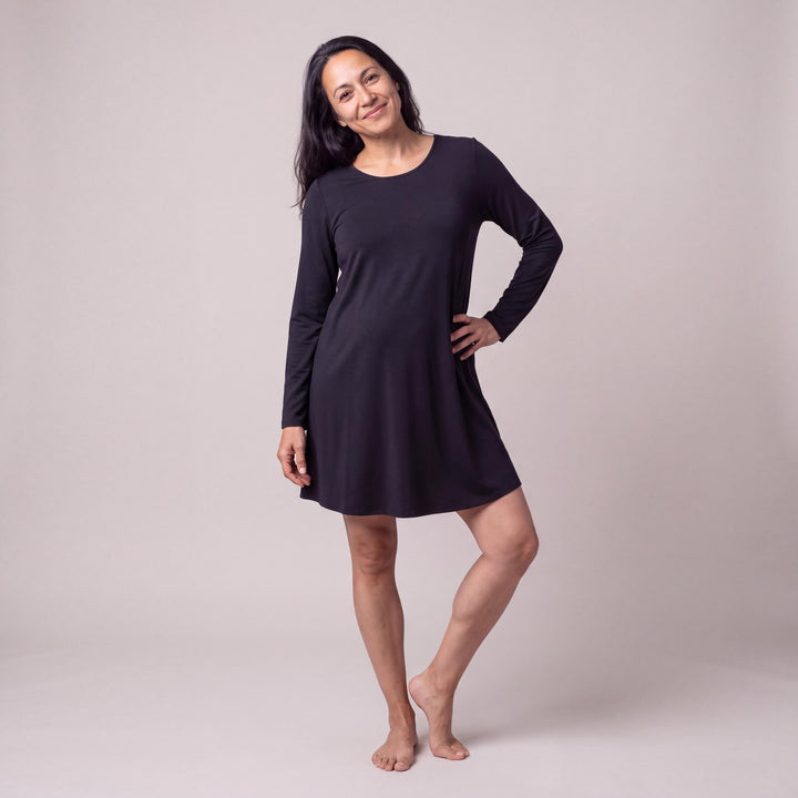 Black Cool-jams DayBasics Long Sleeve Scoop Neck Nightshirt for women, soft everyday sleepwear