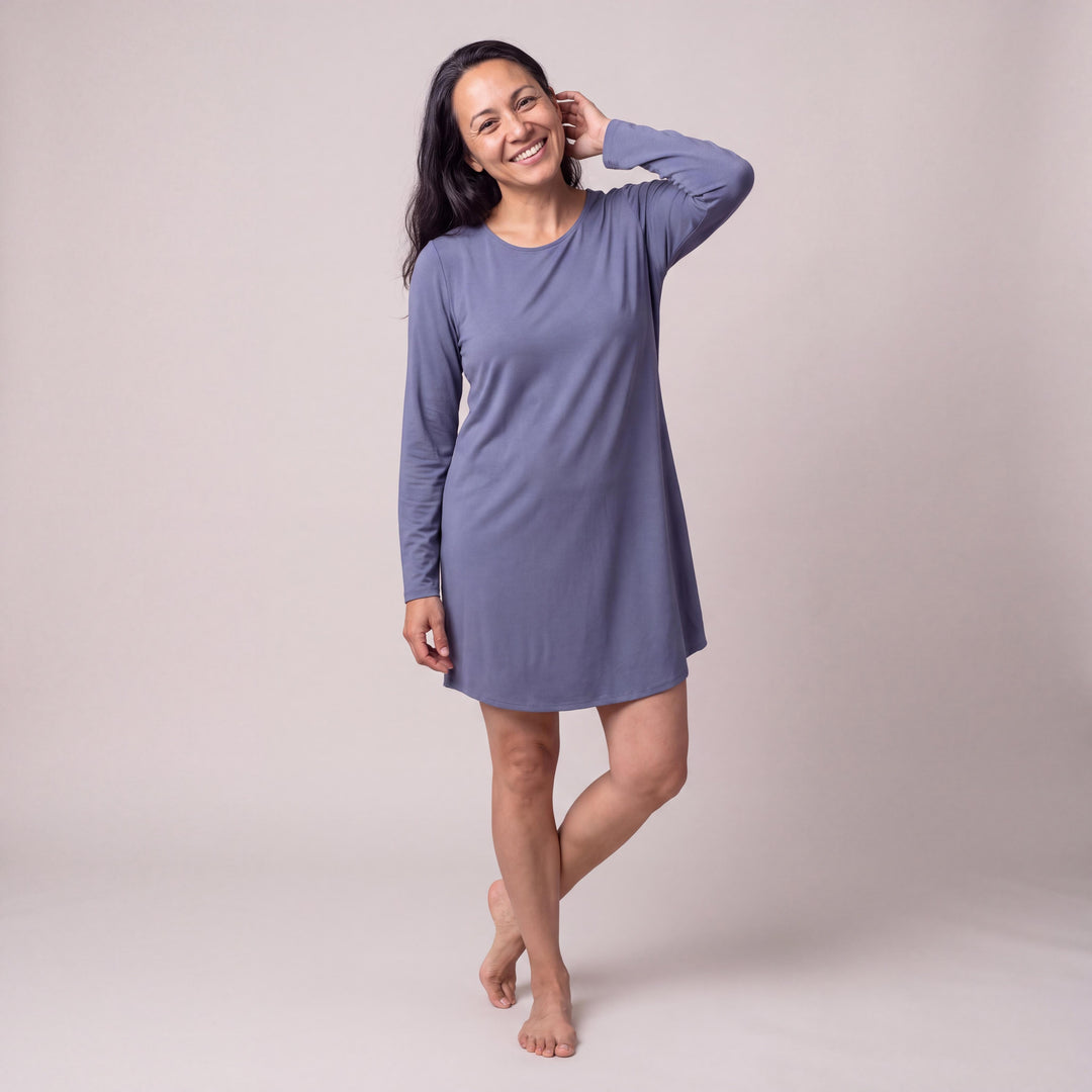 Dusk Blue Cool-jams DayBasics Long Sleeve Scoop Neck Nightshirt for women, soft, breathable sleepwear for women