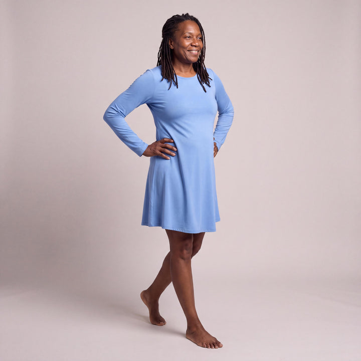 Sky Blue Cool-jams DayBasics Long Sleeve Scoop Neck Nightshirt for women, soft, breathable sleepwear for women