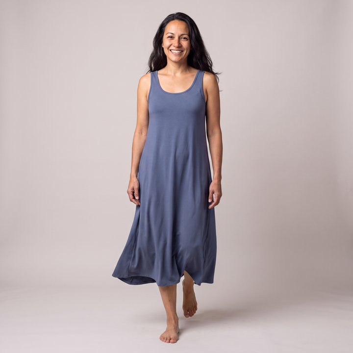 Dusk Blue Cool-jams DayBasics Long Tank Gown for women, shown walking, versatile lounge and sleepwear