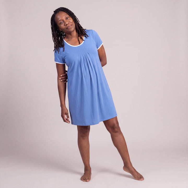 Sky Blue Cool-jams DayBasics Pleated Front Short Sleeve Nightie for women, soft, breathable sleepwear for women