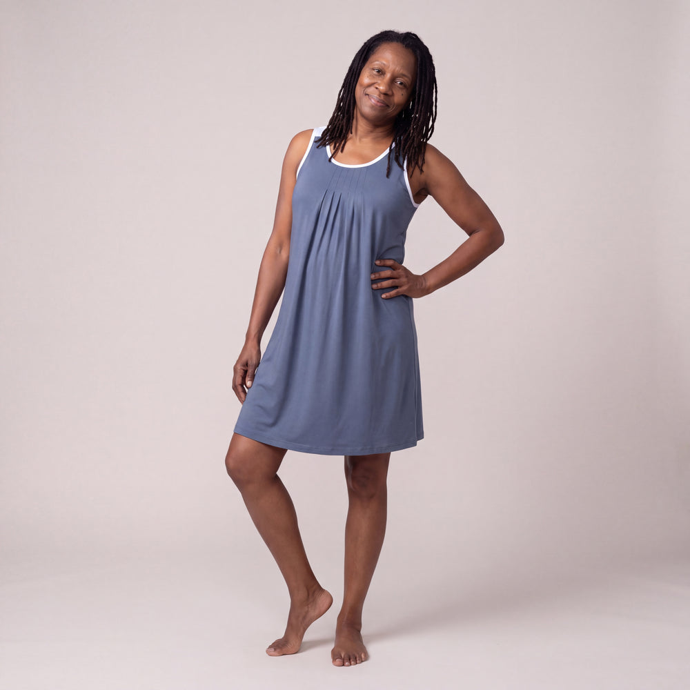 Dusk Blue Cool-jams DayBasics Pleated Front Sleeveless Nightgown for women, soft and lightweight