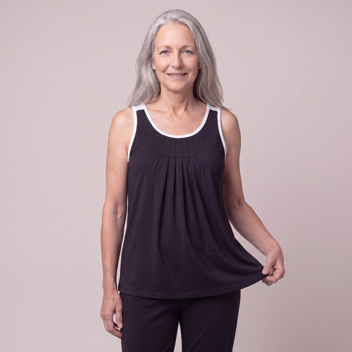 Black Cool-jams DayBasics Pleated Tank Top for women, lightweight DayBasics fabric