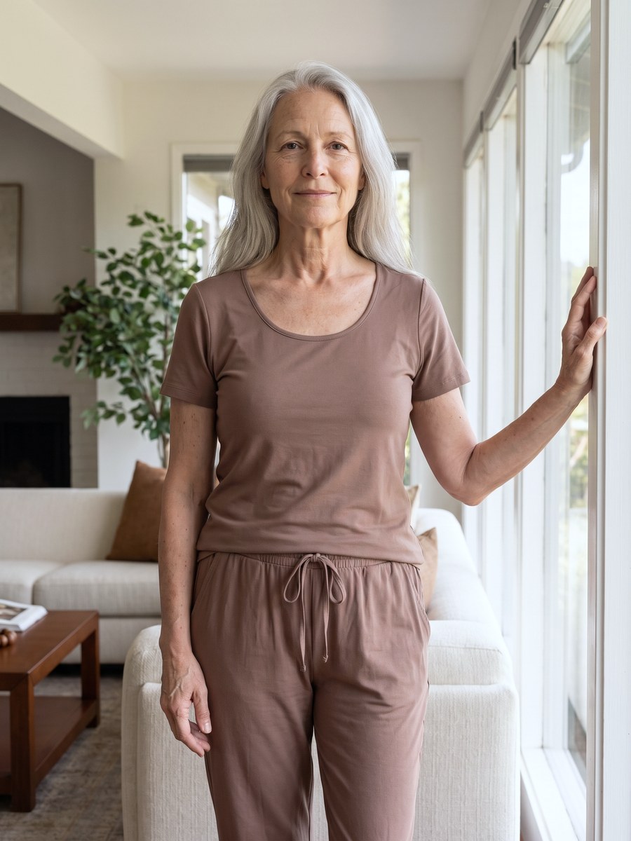 Woman standing by a window in the Women's DayBasics Scoop T-Shirt and Drawstring Pants in Mocha