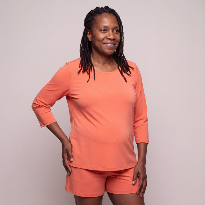 Coral Cool-jams DayBasics Scoop T-Shirt Top - 3/4 Sleeves for women, soft, breathable sleepwear for women