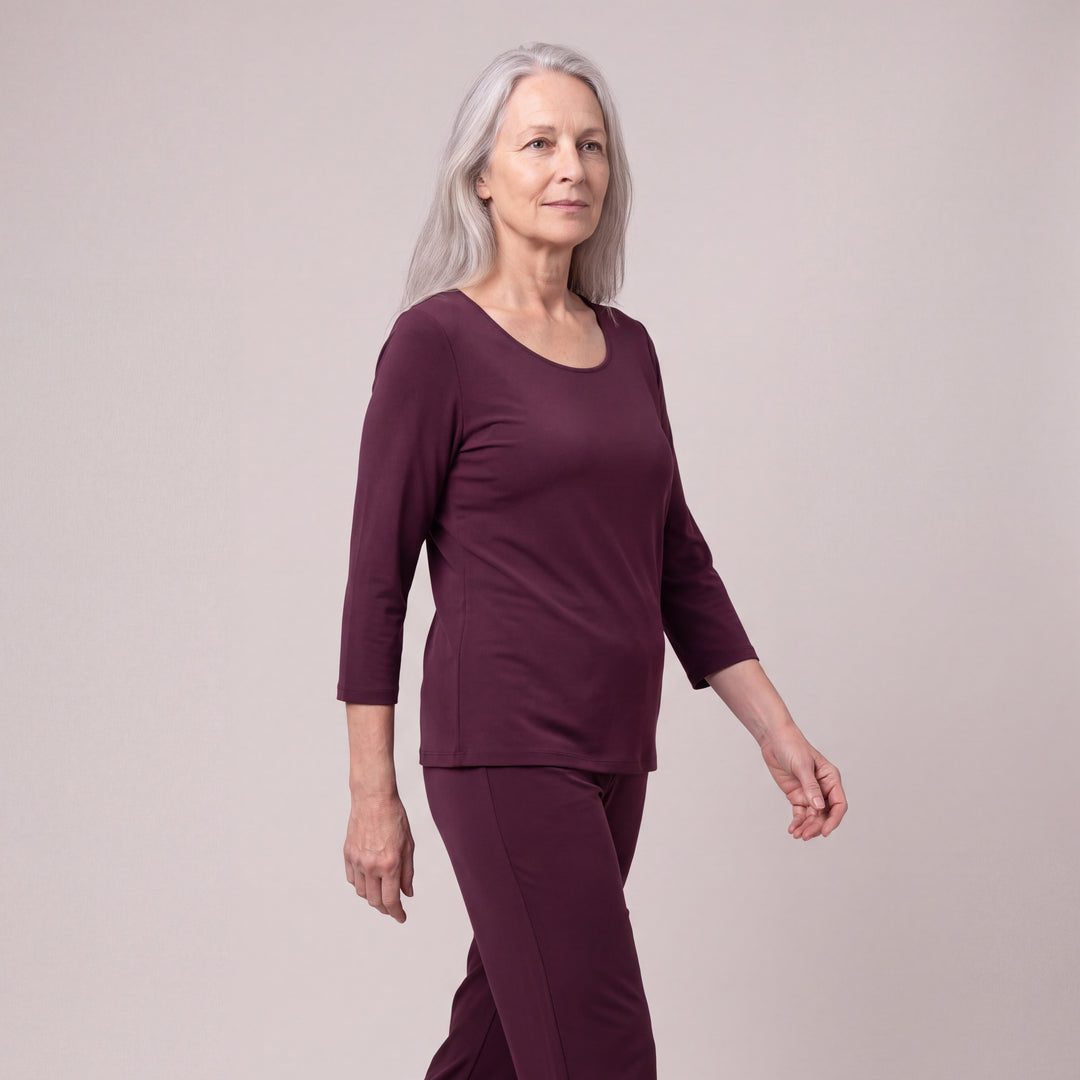 Merlot Cool-jams DayBasics Scoop T-Shirt Top - 3/4 Sleeves for women, gentle against the skin