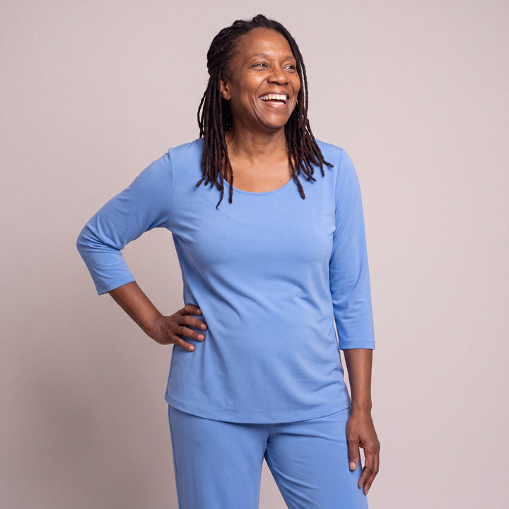 Sky Blue Cool-jams DayBasics Scoop T-Shirt Top - 3/4 Sleeves for women, lightweight DayBasics fabric
