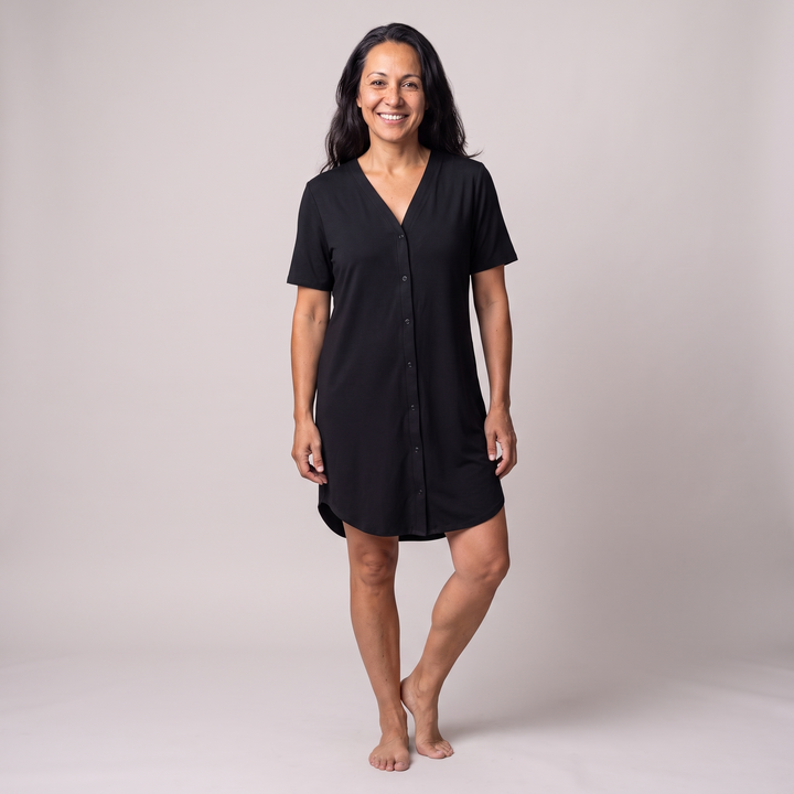 Black Cool-jams DayBasics Snap Front Nightshirt for women, lightweight DayBasics fabric