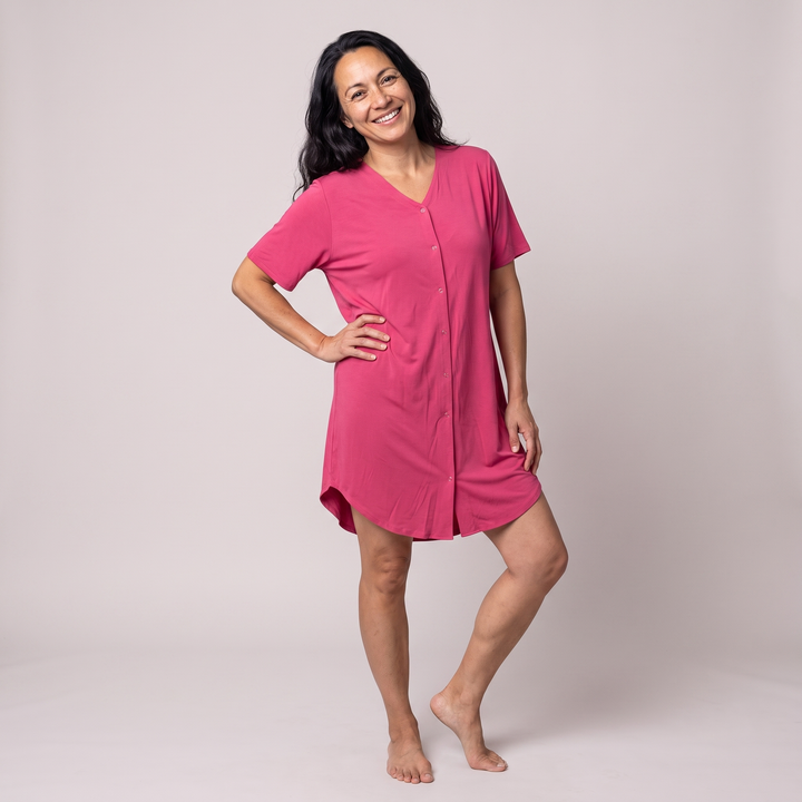 Raspberry Cool-jams DayBasics Snap Front Nightshirt for women, lightweight DayBasics fabric