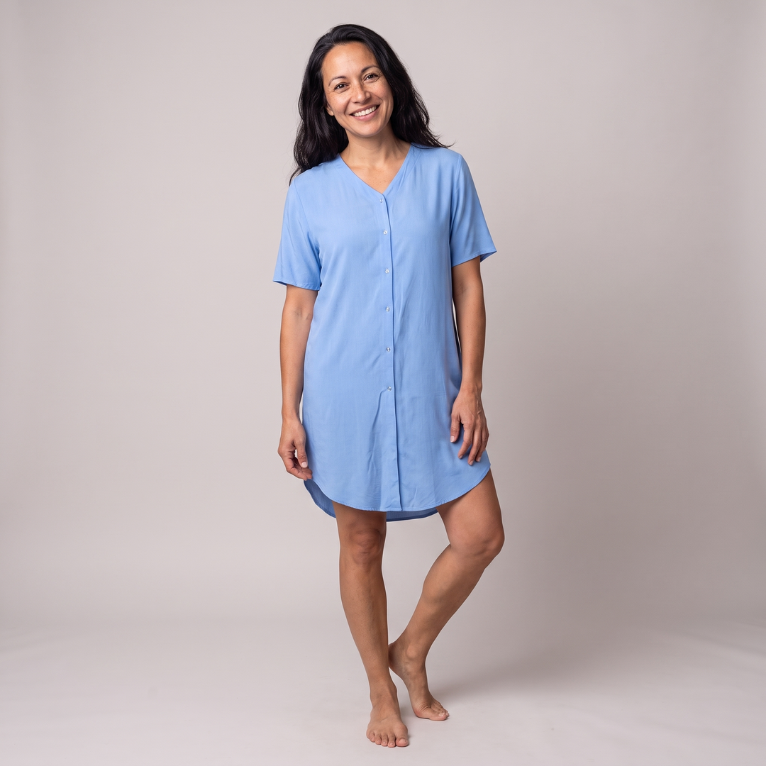 Sky Blue Cool-jams DayBasics Snap Front Nightshirt for women, comfortable everyday sleepwear