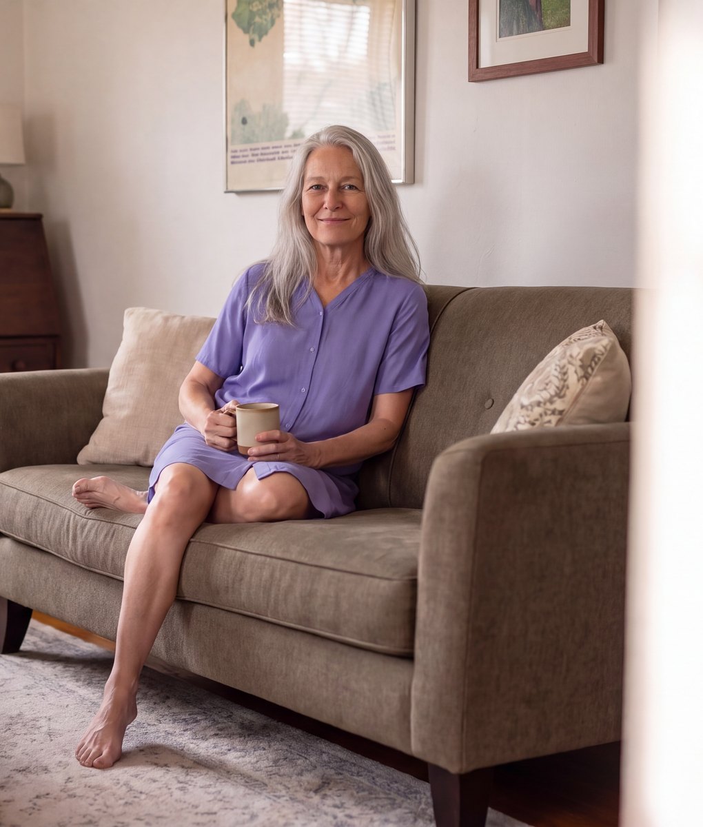 Woman relaxing on a sofa in a violet DayBasics Snap Front Nightshirt