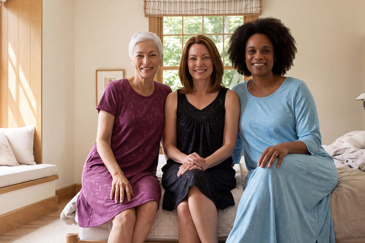 Three women sitting together on a bed in Cool-jams NightCool nightgowns in Merlot Leaf, Black Vine and Island Vine