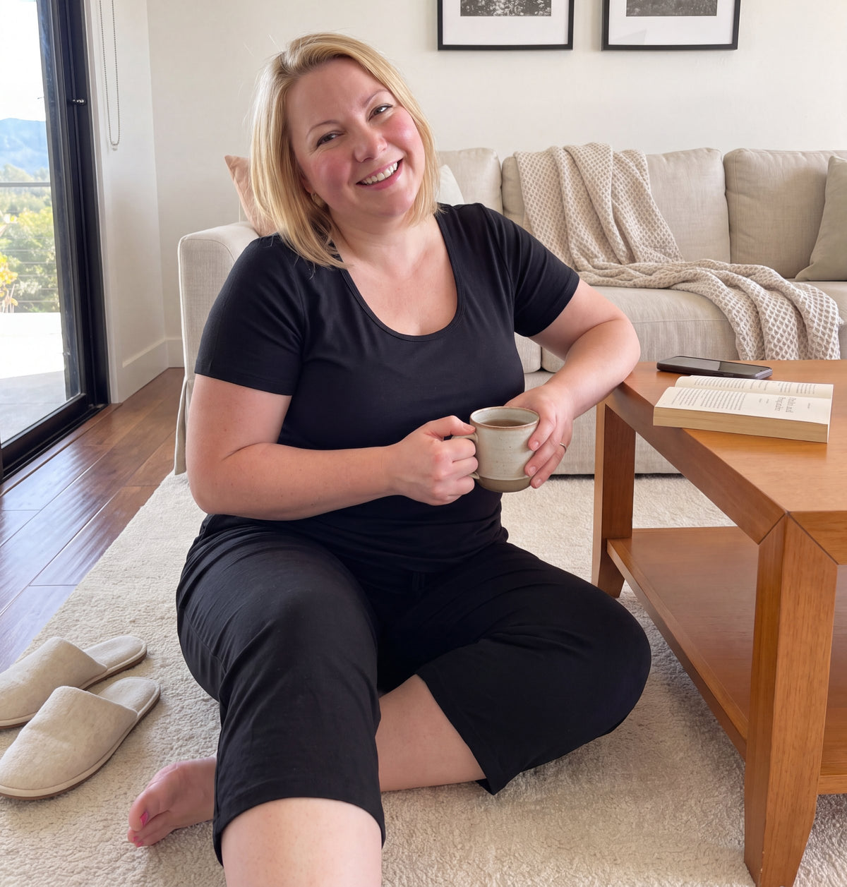 Black NightCool Scoop T-Shirt and Capri Pants, worn at home