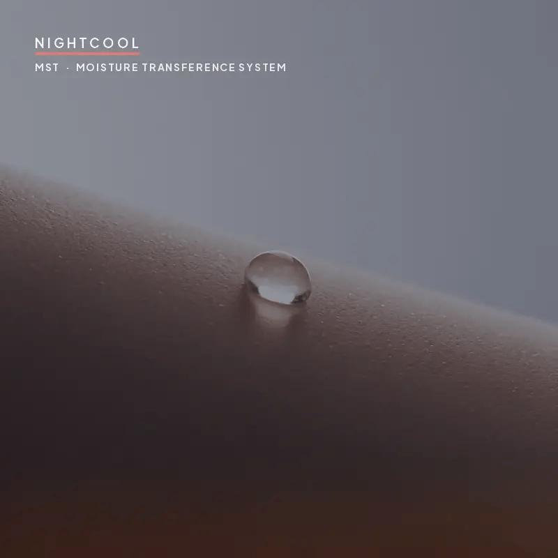 NightCool fabric pulling moisture off skin in three stages: pulls, moves, evaporates