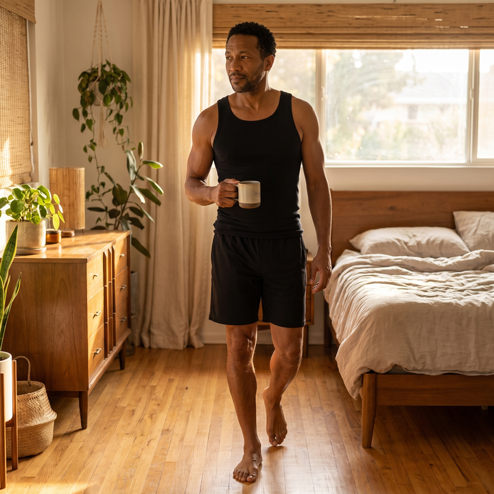 Black Cool-jams NightCool Boxer Shorts for men, lifestyle view, for men who run hot at night