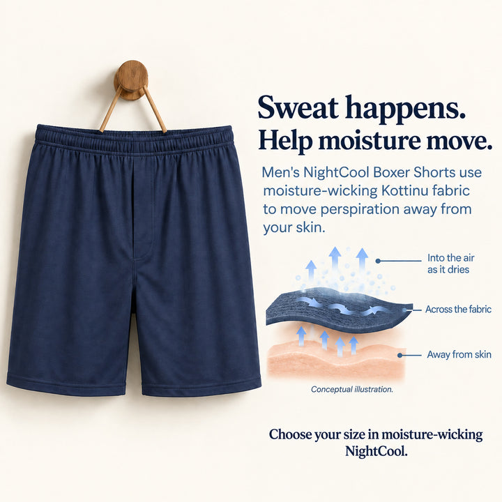 Navy Cool-jams NightCool Boxer Shorts for men, moisture-wicking Kottinu fabric diagram, sweat moves away from skin