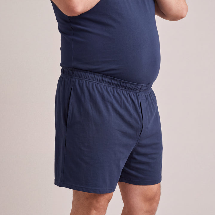 Navy Cool-jams NightCool Boxer Shorts for men, three-quarter view close-up