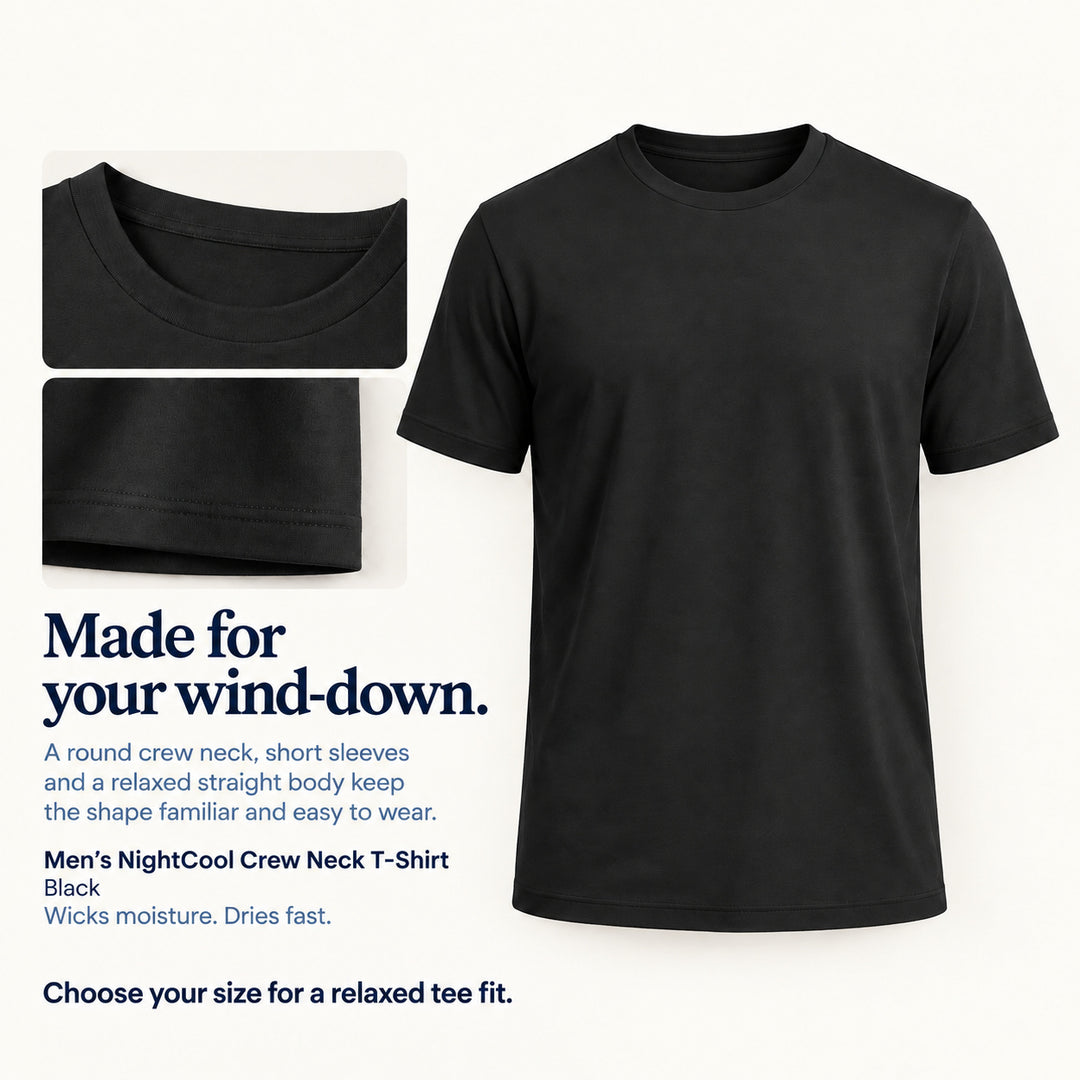 Black Cool-jams NightCool Crew Neck T-Shirt for men, neckline and hem detail, relaxed straight body