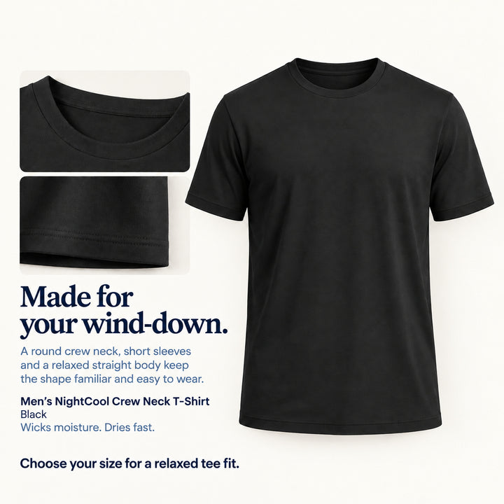 Black Cool-jams NightCool Crew Neck T-Shirt for men, neckline and hem detail, relaxed straight body