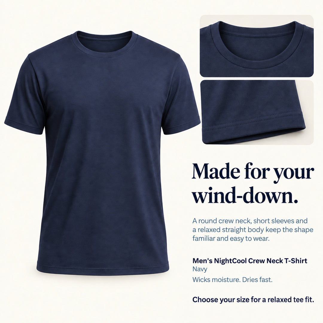 Navy Cool-jams NightCool Crew Neck T-Shirt for men, neckline and hem detail, relaxed straight body