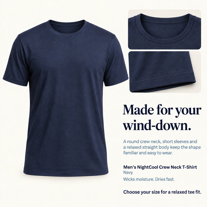 Navy Cool-jams NightCool Crew Neck T-Shirt for men, neckline and hem detail, relaxed straight body