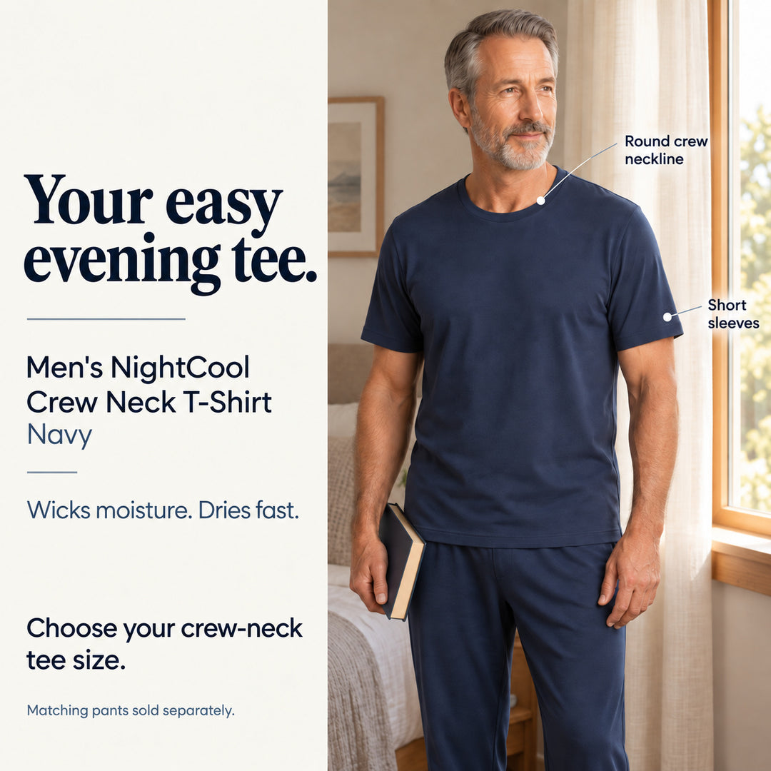Navy Cool-jams NightCool Crew Neck T-Shirt for men, lifestyle view, round crew neckline and short sleeves