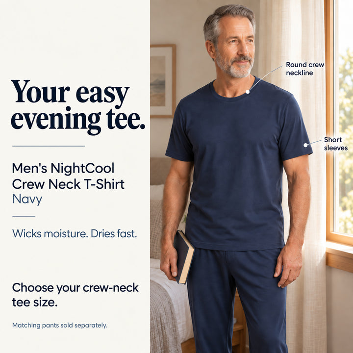 Navy Cool-jams NightCool Crew Neck T-Shirt for men, lifestyle view, round crew neckline and short sleeves