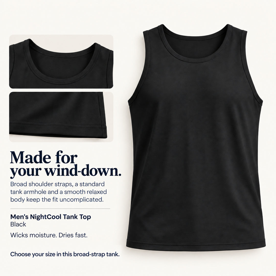Black Cool-jams NightCool Tank Top for men, neckline and hem detail, broad shoulder straps
