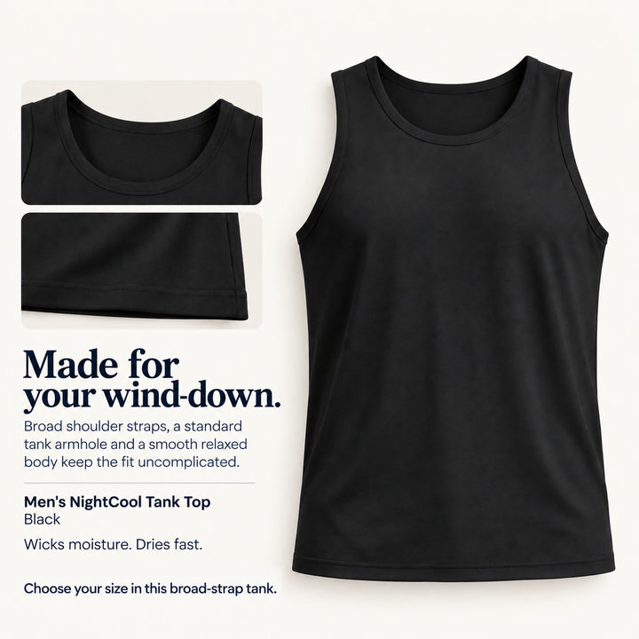 Black Cool-jams NightCool Tank Top for men, neckline and hem detail, broad shoulder straps