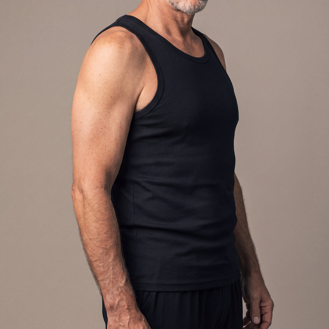 Black Cool-jams NightCool Tank Top for men, three-quarter view close-up