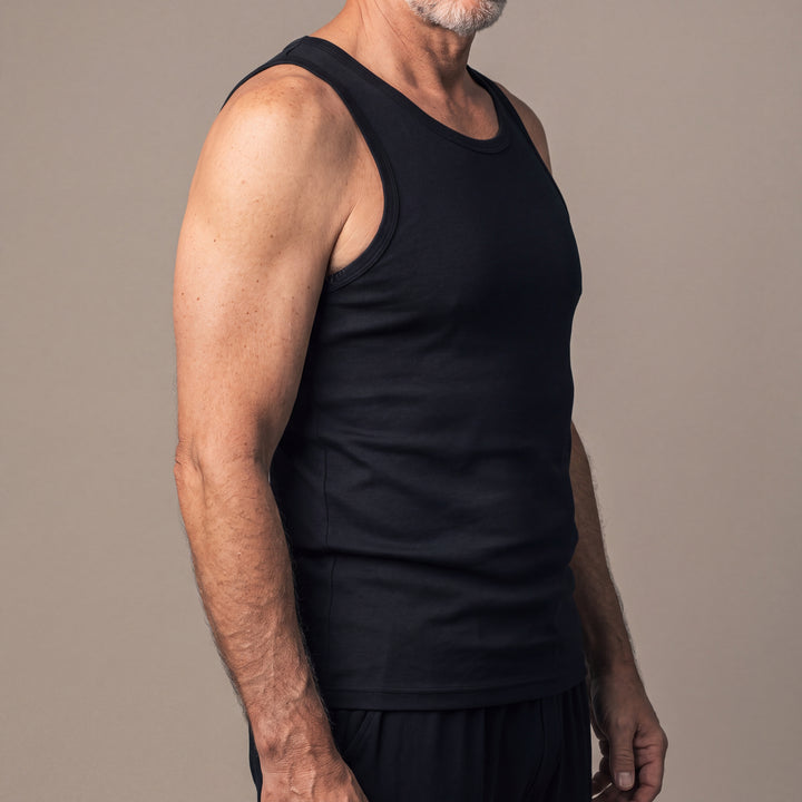Black Cool-jams NightCool Tank Top for men, three-quarter view close-up